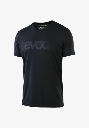 Schwarzes Rundhals-T-Shirt aus weichem Material, das mit einem auffälligen dunkelgrauen "evoc"-Logo auf der Brust versehen ist. Einfaches und tailliertes Design.