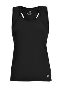 Zwarte sportieve tanktop met een ronde halslijn, smalle bandjes en een aansluitend ontwerp. Bevat een klein logo rechtsonder. Glad textuur.