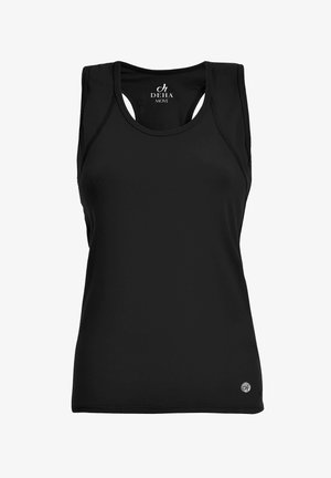 Top sportivo nero senza maniche con scollatura rotonda, spalline sottili e design aderente. Presenta un piccolo logo in basso a destra. Tessuto liscio.