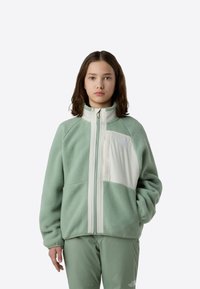 Jachetă fleece verde mentă cu accente crem, închidere cu fermoar, guler înalt și logo pe piept; are un finisaj texturat și croială lejeră.