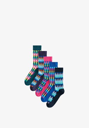 Mehrfarbige Sportsocken mit gemusterten Designs in Grün, Pink, Blau und Schwarz. Hergestellt aus elastischem Stoff, ideal für hohen Tragekomfort.