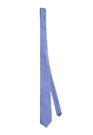 Cravatta di seta blu con un motivo testurizzato, dotata di una punta e un design stretto. Finitura liscia e delicate lucentezza.