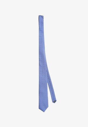 Cravatta di seta blu con un motivo testurizzato, dotata di una punta e un design stretto. Finitura liscia e delicate lucentezza.