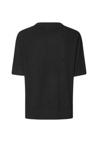 Sort kortærmet strikket sweater med ribbede detaljer ved kraven, manchetterne og kanten, vist fra bagsiden på en hvid baggrund.