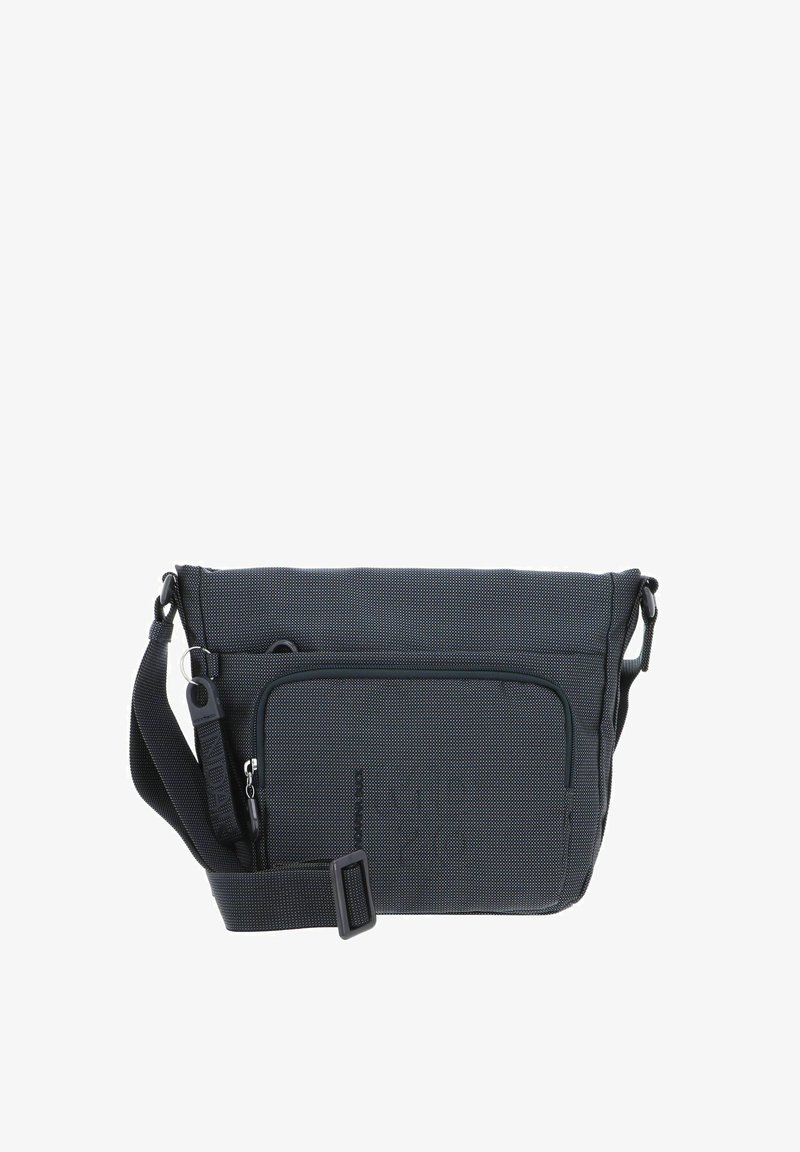 Gray messenger bag with a textured fabric, adjustable strap, front zip pocket, and logo detailing. Features a rectangular shape and sleek design.