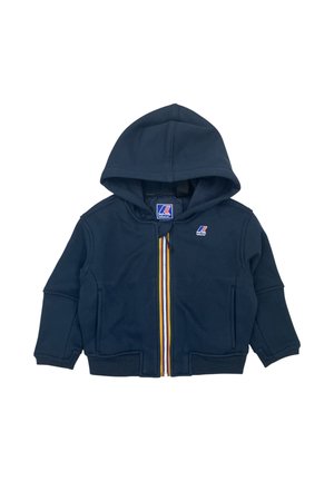 Giacca con cappuccio per bambini blu navy con zip frontale con strisce rosse, bianche e gialle, logo sul petto e sul colletto, maniche lunghe e polsini a coste.