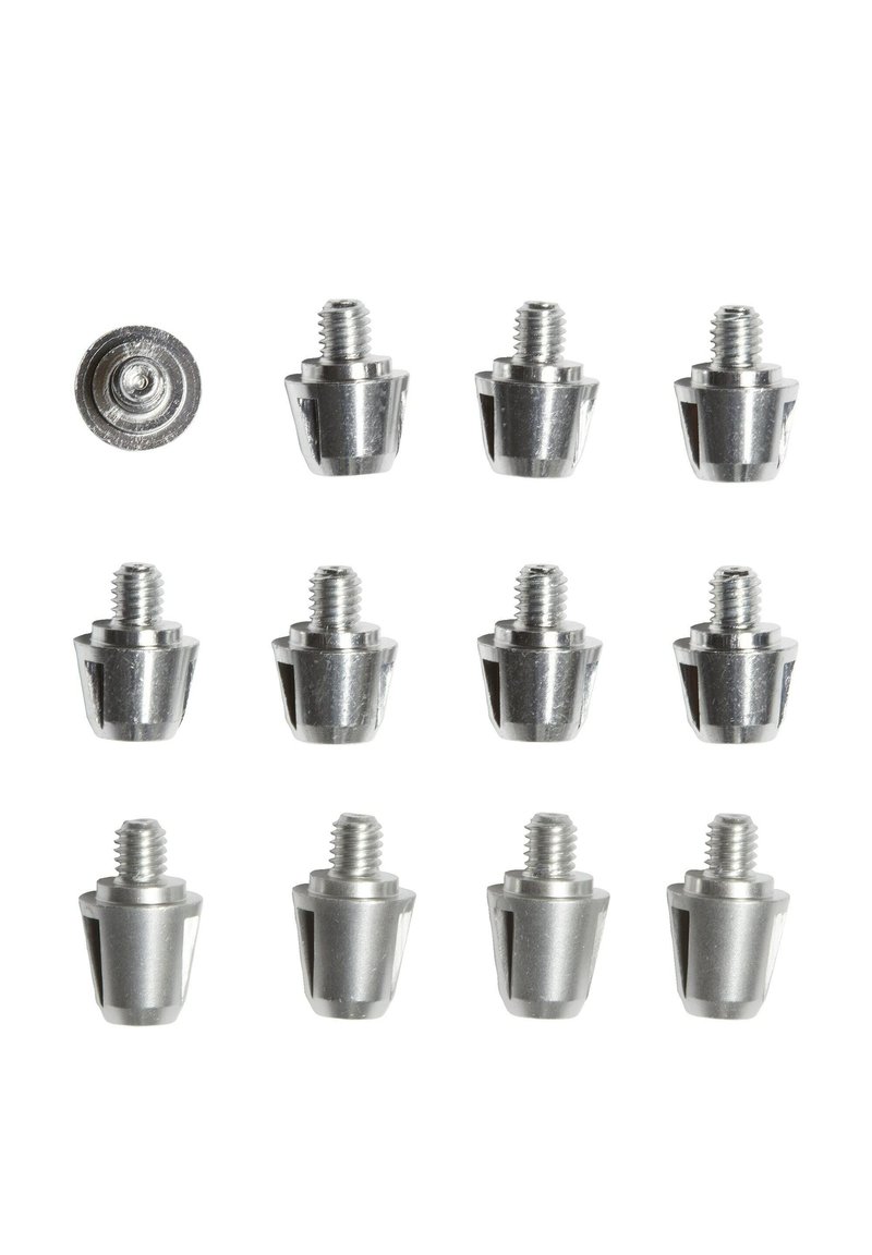 Dvanaest srebrnih metalnih vijaka s konusnim dizajnom i vanjskim navojem. Svaki vijak ima ravni vrh i ravnomjerno raspoređene utore.