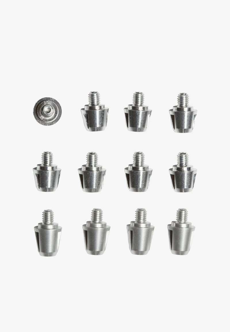 Dvanaest srebrnih metalnih vijaka s konusnim dizajnom i vanjskim navojem. Svaki vijak ima ravni vrh i ravnomjerno raspoređene utore.