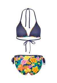 Ensemble de bikini bleu marine comprenant un haut triangulaire avec des bordures multicolores et un bas à motif floral dans des teintes vives de rose et de jaune.