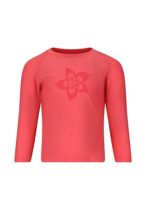Korallenrotes Langarmshirt mit Rundhalsausschnitt, das ein dezentes, dunkleres korallenfarbenes Blumenmuster auf der Brust zeigt.