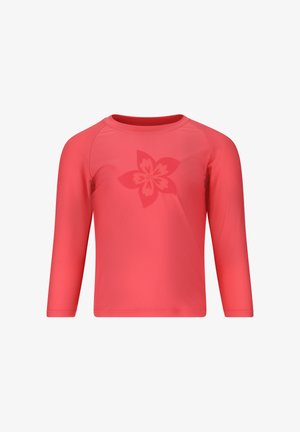 Chemise corail à manches longues avec col rond présentant un motif floral corail plus foncé subtil sur la poitrine.