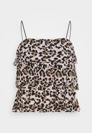 Débardeur imprimé léopard avec un design à volants en cascade. Bretelles spaghetti noires. Tissu doux et texturé dans des nuances de beige, marron et noir.