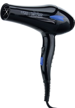 Sèche-cheveux à main noir avec des boutons bleus et une grille de ventilation sur la buse, portant l'inscription "Innovation 2200W High Tech".