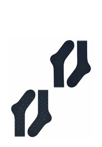 Marineblaue Socken mit einem geometrischen Muster in Hellblau. Hergestellt aus einem glatten Material, verfügen sie über kontrastierende gerippte Bündchen und eine weiche Textur.