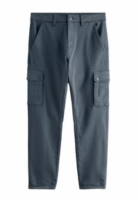 Slim-Fit Cargo-Hosen aus dunkelgrauem Stoff, mit Seitentaschen, geknöpften Cargo-Taschen und einer glatten Textur.