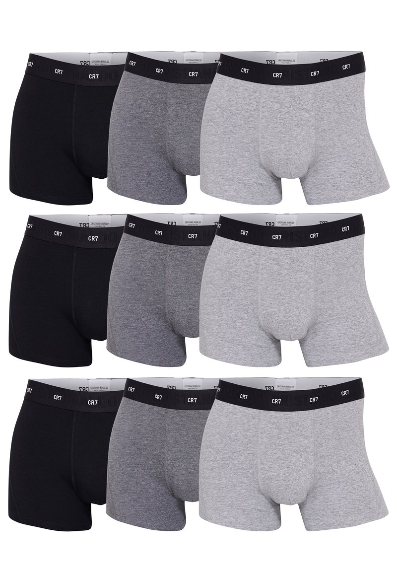 Sæt med ti boxershorts i en blanding af sort, mørkegrå og lysegrå bomuldsstof, med sorte elastiske indenbånd med påskriften "CR7."