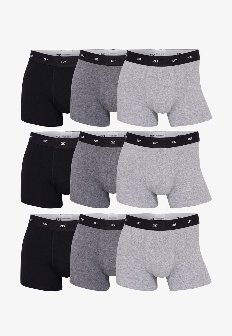 Sæt med ti boxershorts i en blanding af sort, mørkegrå og lysegrå bomuldsstof, med sorte elastiske indenbånd med påskriften "CR7."