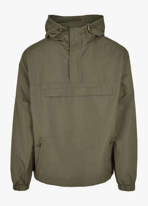 Õlivärvi anorak-jakk kõrge kaelusega, reguleeritava kapuutsiga, ees oleva tõmblukuga tasku, elastsete mansettide ja sileda, veekindla kangaga.