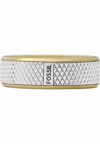 Silver and gold ring with a textured, diamond-patterned silver band and a smooth gold edge, marked with "FOSSIL" label.