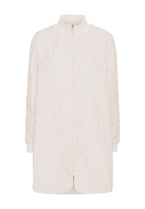 Abrigo largo blanco acolchado con patrón de diamantes, cremallera frontal, cuello alto, bolsillos laterales y puños acanalados.