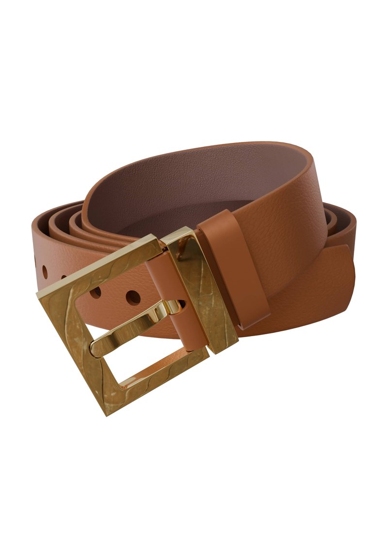 Tan leather belt with a shiny gold square buckle. The belt is smooth textured and features multiple holes for adjustable sizing.