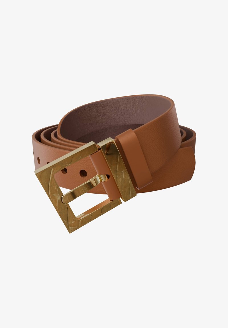 Tan leather belt with a shiny gold square buckle. The belt is smooth textured and features multiple holes for adjustable sizing.
