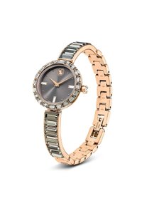 Złoty różowy zegarek z szarym cyferblatem, kryształowymi akcentami oraz elegancką bransoletą z prostokątnymi ogniwami w zmieniających się kolorach.
