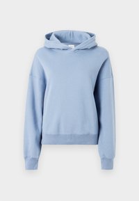 Felpa con cappuccio azzurra chiara realizzata in morbido cotone, caratterizzata da una vestibilità comoda, polsini e fondo a costine, e tasca a marsupio.