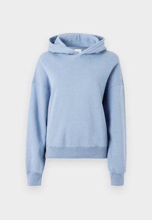 Sweat-shirt à capuche bleu clair en coton doux, avec une coupe décontractée, des poignets et un ourlet côtelés, ainsi qu'une poche kangourou.