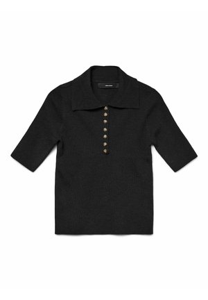 Černý pletený polo tričko s širokým límcem, krátkými rukávy a knoflíkovou légou s šesti kulatými knoflíky ve zlatém odstínu. Hladká textura.