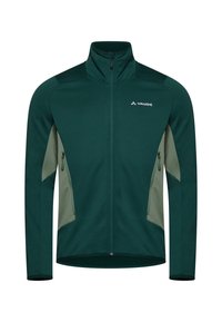Giacca da performance verde con colletto alto, tasche con zip, tessuto verde testurizzato e pannelli laterali in un verde chiaro contrastante.