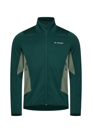 Grüne Funktionsjacke mit hohem Kragen, Reißverschluss-Taschen, strukturiertem grünen Stoff und kontrastierenden hellgrünen seitlichen Einsätzen.