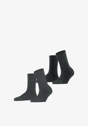 Ensemble de quatre paires de chaussettes grises foncées, fabriquées dans un tissu texturé avec un léger éclat, présentant une hauteur standard de type crew et un renforcement à la pointe.