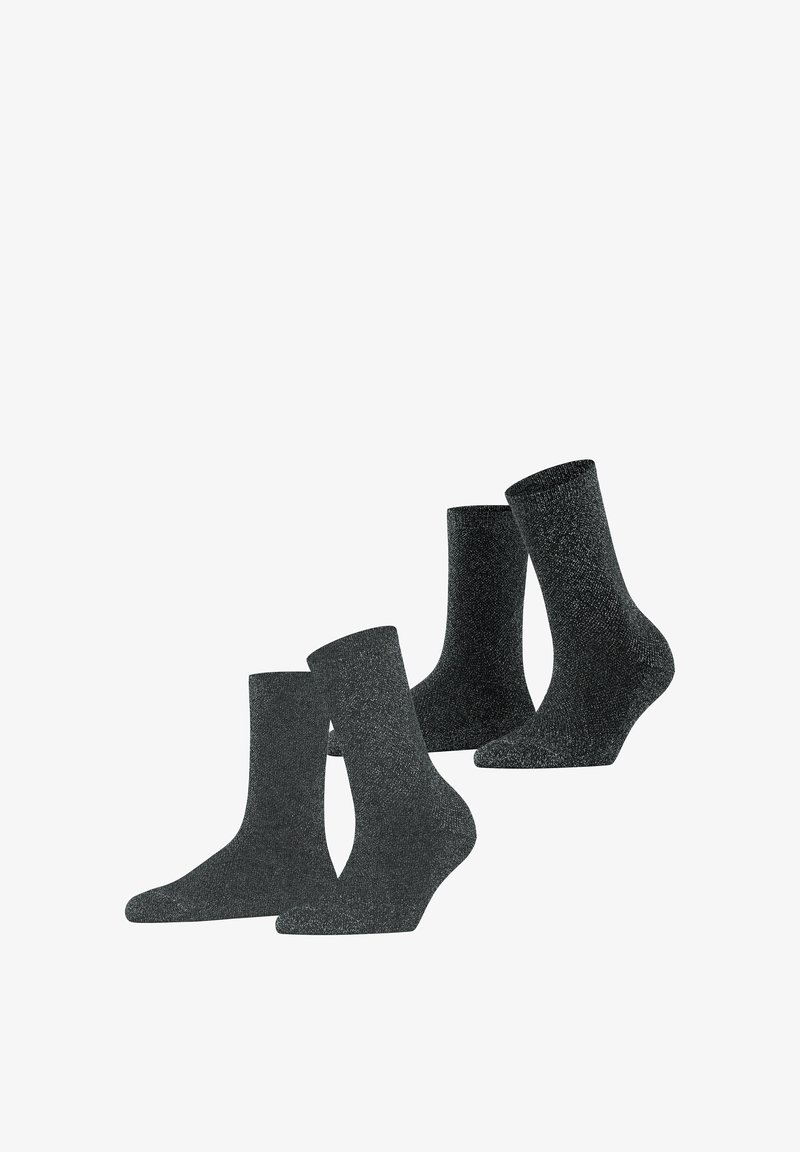 Ensemble de quatre paires de chaussettes grises foncées, fabriquées dans un tissu texturé avec un léger éclat, présentant une hauteur standard de type crew et un renforcement à la pointe.