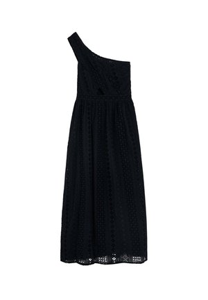 Vestido midi negro de un solo hombro con encaje superpuesto y cintura ajustada, con un patrón floral texturizado en todo el vestido.