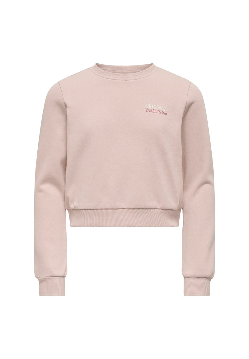 Sweat-shirt court rose en tissu doux. Il possède des manches longues, un col rond et "ORIGINAL VARSITY" brodé dans une police subtile.