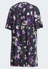 Květinová košile ve velkém oversized střihu v tmavě námořnické barvě, s vzory v zelené, fialové a bílé barvě. Měkká látka, krátké rukávy a kulatý výstřih.