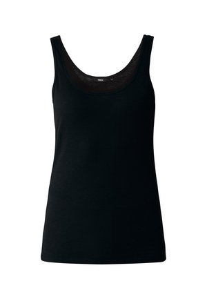 Black sleeveless tank top featuring a rounded neckline and a fitted design, made from a smooth fabric with a soft texture.