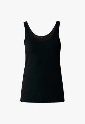 Black sleeveless tank top featuring a rounded neckline and a fitted design, made from a smooth fabric with a soft texture.