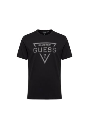 Schwarzes kurzärmeliges T-Shirt mit einem grauen Dreieck-Logo und dem Text "Since 1981 GUESS ?" mittig auf der Vorderseite.