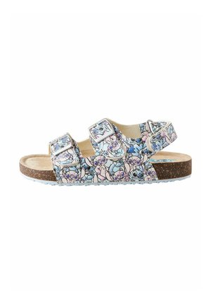 Multicolored sandal with three adjustable straps, featuring a floral cartoon pattern. Cork footbed and textured rubber sole provide support.