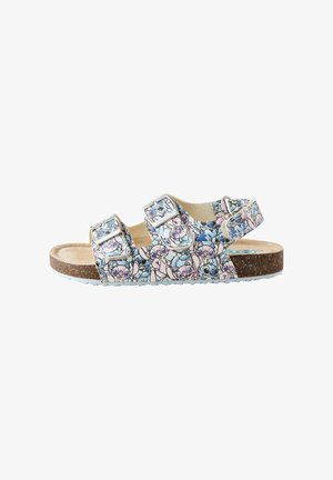Multifarvet sandal med tre justerbare remme, der har et blomstret tegneseriemønster. Korkfodseng og tekstureret gummisål giver støtte.
