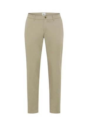 Pantaloni beige slim fit con passanti per cintura, chiusura frontale con bottone e cerniera, con etichetta "Brax" sulla cintura interna.