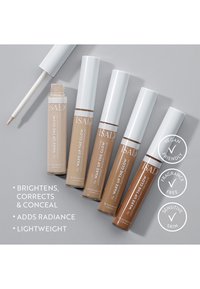Fünf Tuben Concealer mit weißen Kappen in verschiedenen Farbtönen von hellem Beige bis tiefem Braun, beschriftet mit "Wake Up The Glow", auf grauem Hintergrund.