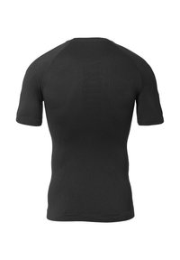 Korte mouwen zwarte compressie T-shirt van textuurstof, met een strakke pasvorm en gladde naden voor comfort en prestaties.