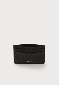 Portofel negru cu un model texturat, multiple sloturi pentru carduri și o finisare netedă. Prezintă logo-ul argintiu "BOSS" în față. Formă rectangulară compactă.