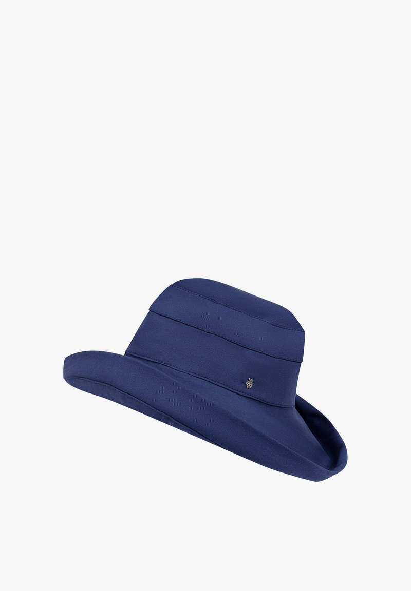 Navy blue fabric hat with a wide brim, featuring a structured, multi-layered design and a small logo accent on the side.
