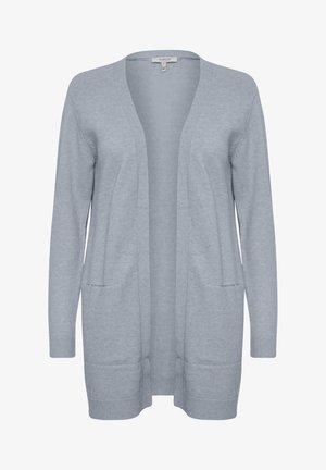 Svetlo sivi cardigan z ohlapnim krojem, odprtim sprednjim delom, dolgimi rokavi in dvema sprednjima žepoma. Narejen iz mehkega pletenega materiala, ki ima rebraste manšete.