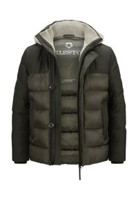 Dunkelgrüne gepolsterte Jacke mit einem wollenen Kragen, ausgestattet mit einem Reißverschluss vorne, Druckknopfverschlüssen und einer dicken inneren Schicht zur Isolierung.