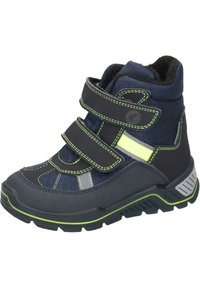 Botas altas en azul y negro con dos correas negras de velcro, acentos reflectantes, suelas de goma y tejido texturizado. Detalle de costura verde.